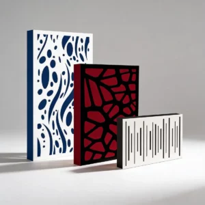 Akustikpaneler med diffusorfront i flera färger och mönster