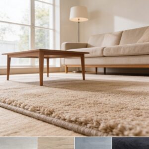 Aurora ljuddämpande matta i vardagsrum, fyra färger: beige, sand, silver, antracit