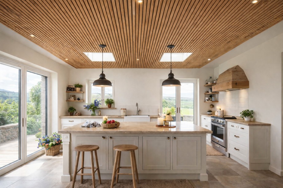 Tunn ljudisolering för tak med trälameller i modernt kök